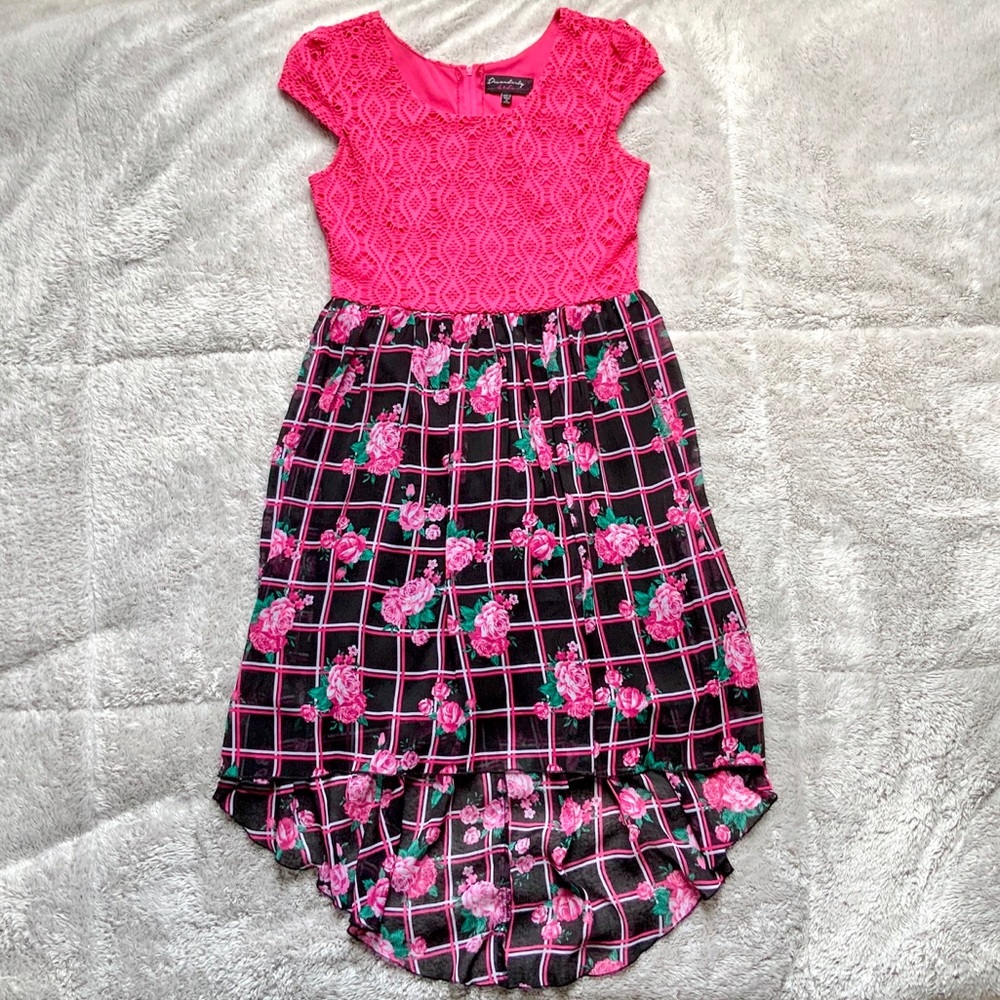 Pink Floral Pattern Chiffon Grid Dress